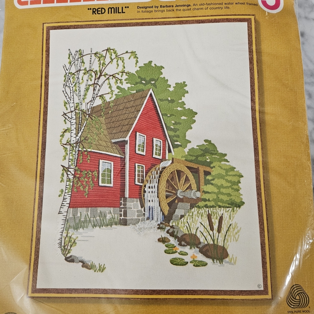 Vintage Sunset Stitchery Red Mill Crewel craft kit Barbara Jennings Water wheel